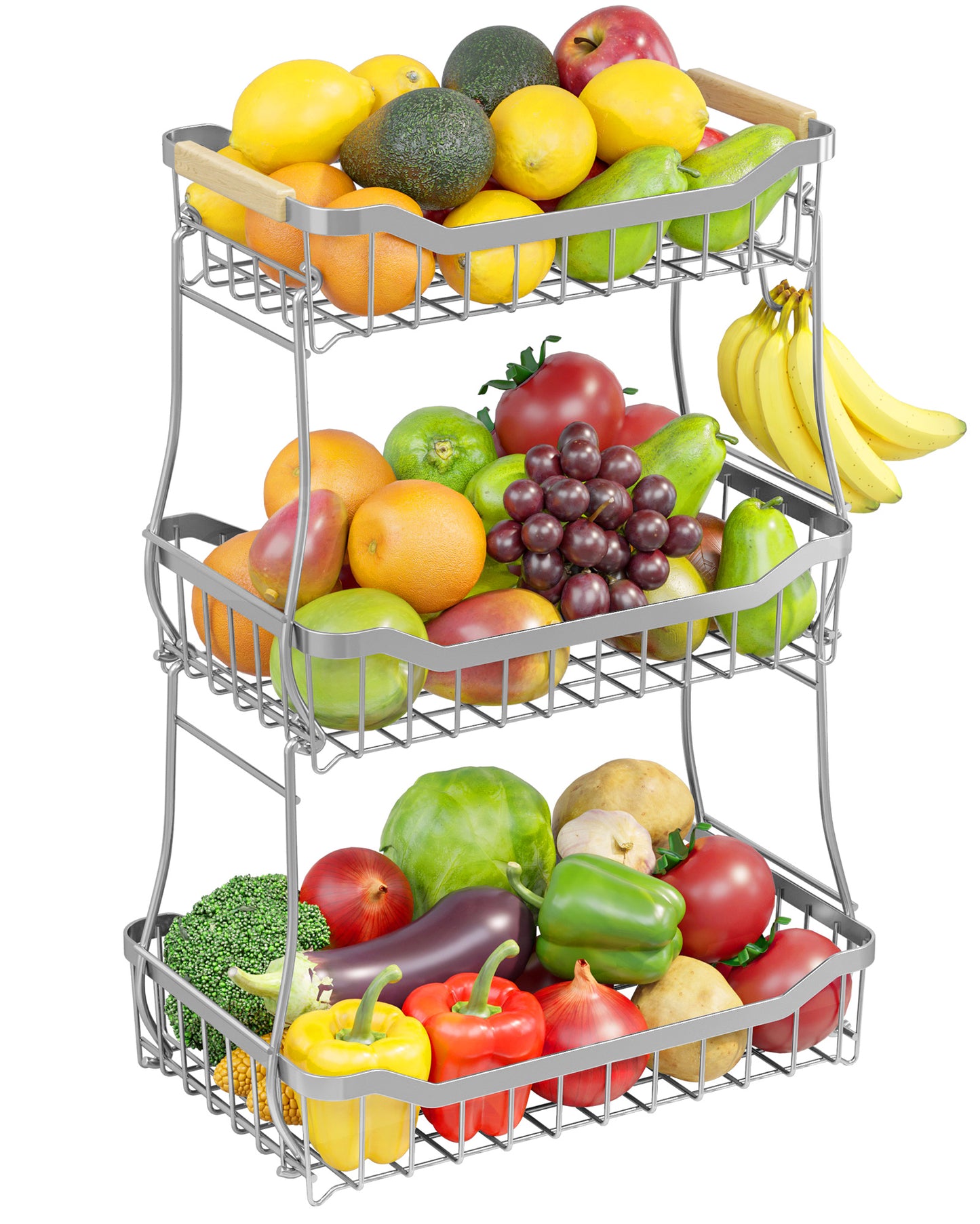 Sakugi Fruit Basket - 2 Tier Fruit Basket for Kitchen Counter, Detachable Fruit Vegetable Basket with Banana Hanger, Metal Countertop Fruit Stand with Wooden Handle