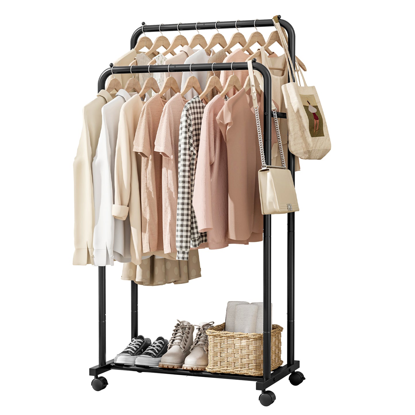 Sakugi Clothes Rack - Black Clothing Rack with Wheels, Multi-Functional Clothing Racks for Hanging Clothes and Shoes, Large Capacity Garment Rack for Bedroom, Living Room, Office