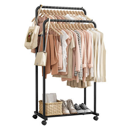 Sakugi Clothes Rack - Black Clothing Rack with Wheels, Multi-Functional Clothing Racks for Hanging Clothes and Shoes, Large Capacity Garment Rack for Bedroom, Living Room, Office