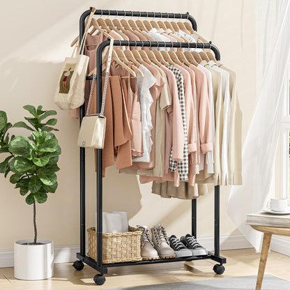 Sakugi Clothes Rack - Black Clothing Rack with Wheels, Multi-Functional Clothing Racks for Hanging Clothes and Shoes, Large Capacity Garment Rack for Bedroom, Living Room, Office