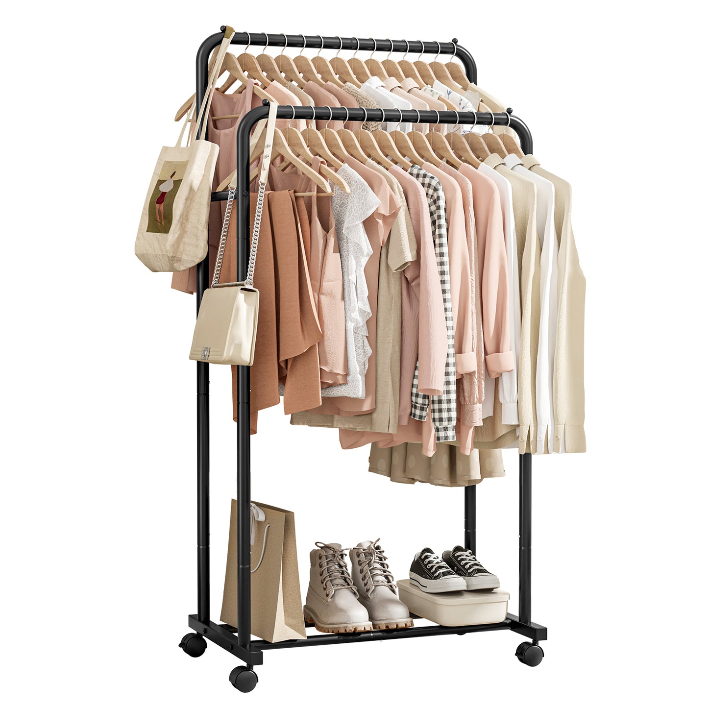 Sakugi Clothes Rack with Wheels, Clothing Racks for Hanging Clothes and Shoes, Black