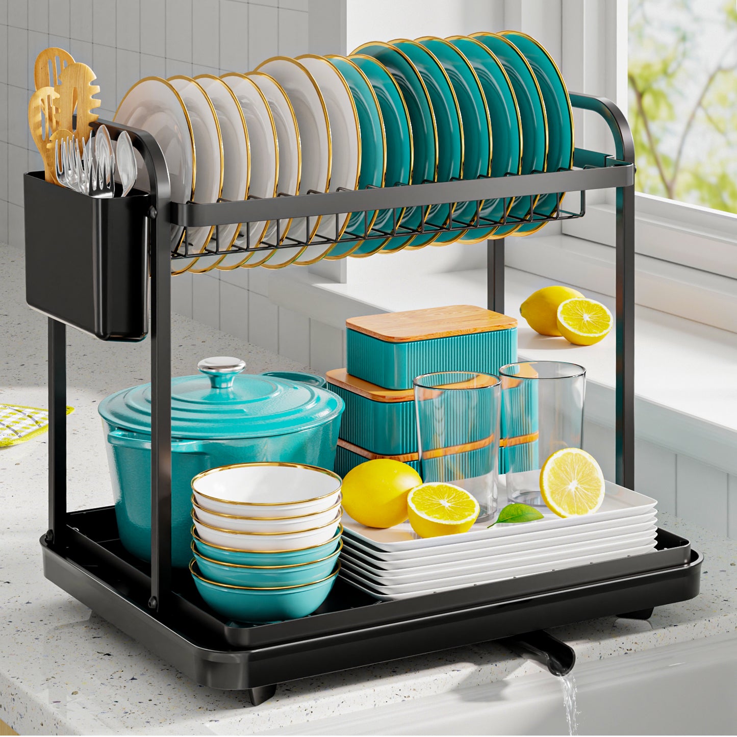 Sakugi Dish Drying Rack, 2-Tier Stainless Steel Dish Racks, Dish Drainer for Kitchen Counter, Black