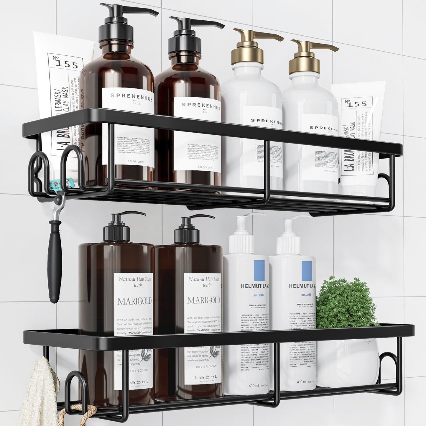 Sakugi Shower Caddy- 2 Pack, Adhesive Shower Organizer with Hooks, Rustproof Stainless Steel Shower Shelves for Bathroom, Inside Shower, Kitchen & Bedroom, Bathroom Organizers No Drilling, Black