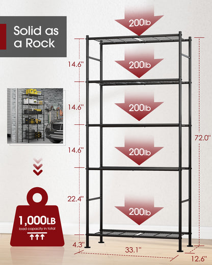 Sakugi Storage Shelves - 5 Tier Shelf Organizer, Heavy Duty Garage Shelving Unit with Leveling Feet, Stable Metal Shelves Organizer for Pantry, Kitchen, Closet, 33" W X 12" D X 72" H, Smoky-Black