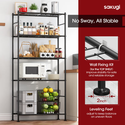 Sakugi Storage Shelves - 5 Tier Shelf Organizer, Heavy Duty Garage Shelving Unit with Leveling Feet, Stable Metal Shelves Organizer for Pantry, Kitchen, Closet, 33" W X 12" D X 72" H, Smoky-Black