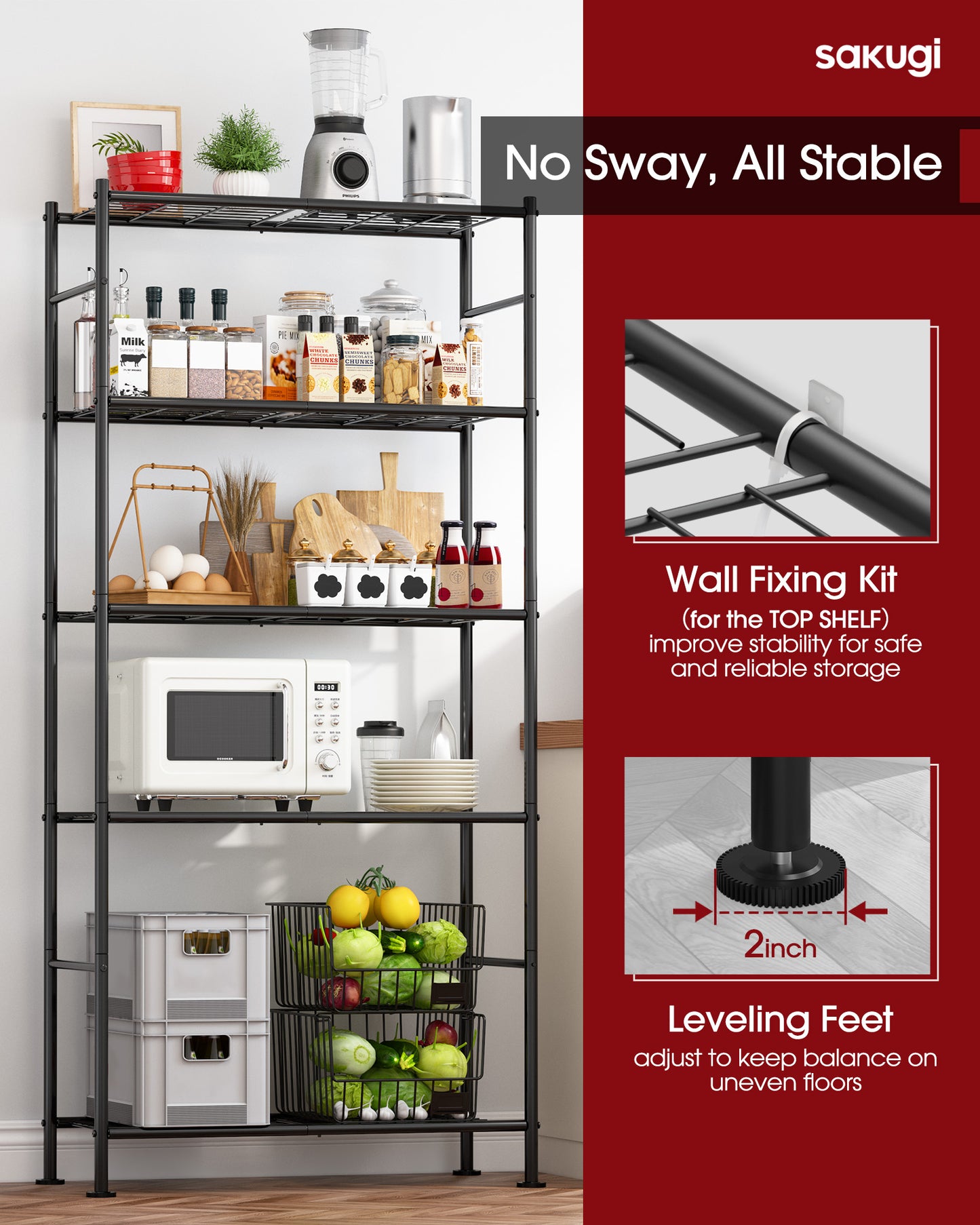 Sakugi Storage Shelves - 5 Tier Shelf Organizer, Heavy Duty Garage Shelving Unit with Leveling Feet, Stable Metal Shelves Organizer for Pantry, Kitchen, Closet, 33" W X 12" D X 72" H, Smoky-Black