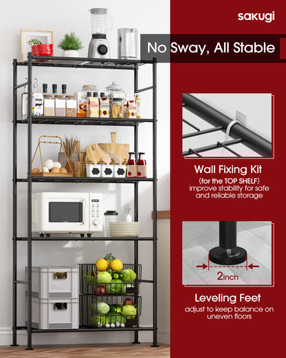 Sakugi Storage Shelves - 5 Tier Shelf Organizer, Heavy Duty Garage Shelving Unit with Leveling Feet, Stable Metal Shelves Organizer for Pantry, Kitchen, Closet, 33" W X 12" D X 72" H, Smoky-Black