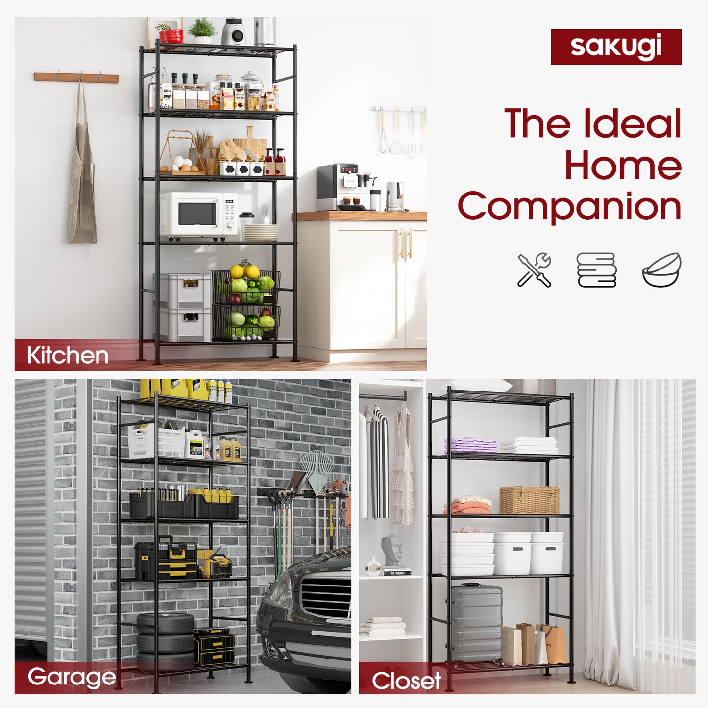 Sakugi Storage Shelves - 5 Tier Shelf Organizer, Heavy Duty Garage Shelving Unit with Leveling Feet, Stable Metal Shelves Organizer for Pantry, Kitchen, Closet, 33" W X 12" D X 72" H, Smoky-Black