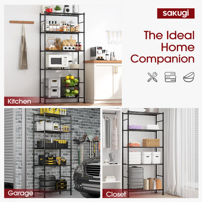 Sakugi Storage Shelves - 5 Tier Shelf Organizer, Heavy Duty Garage Shelving Unit with Leveling Feet, Stable Metal Shelves Organizer for Pantry, Kitchen, Closet, 33" W X 12" D X 72" H, Smoky-Black