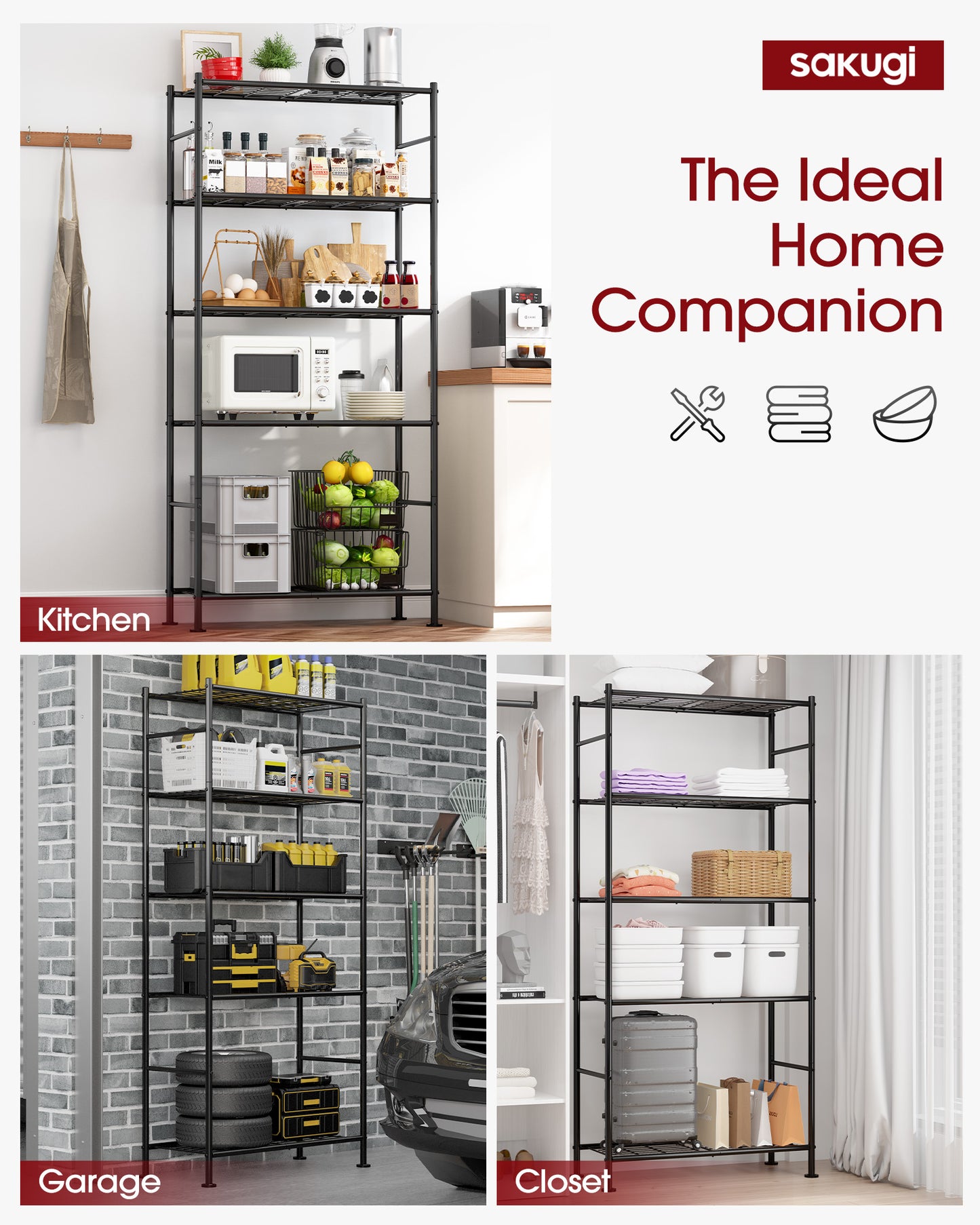 Sakugi Storage Shelves - 5 Tier Shelf Organizer, Heavy Duty Garage Shelving Unit with Leveling Feet, Stable Metal Shelves Organizer for Pantry, Kitchen, Closet, 33" W X 12" D X 72" H, Smoky-Black