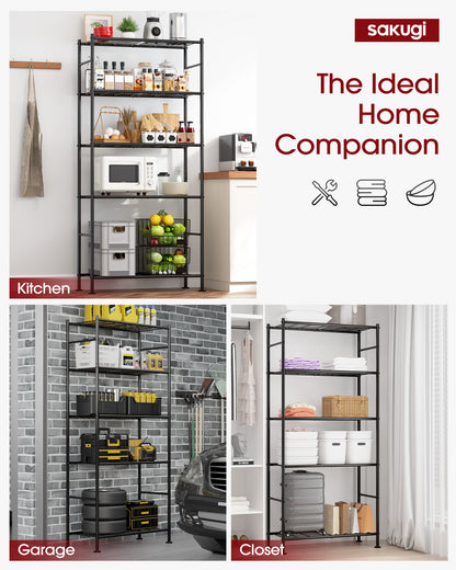 Sakugi Storage Shelves - 5 Tier Shelf Organizer, Heavy Duty Garage Shelving Unit with Leveling Feet, Stable Metal Shelves Organizer for Pantry, Kitchen, Closet, 33" W X 12" D X 72" H, Smoky-Black