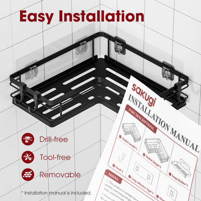 Sakugi Shower Caddy - 3 Piece Set, Corner Shower Shelves with Hooks & Soap Holder, Rustproof Adhesive Shower Caddy for Corner, No Drilling Shower Shelf for Inside Shower, Shower Organizer, Black