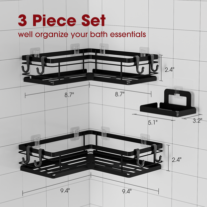 Sakugi Shower Caddy - 3 Piece Set, Corner Shower Shelves with Hooks & Soap Holder, Rustproof Adhesive Shower Caddy for Corner, No Drilling Shower Shelf for Inside Shower, Shower Organizer, Black