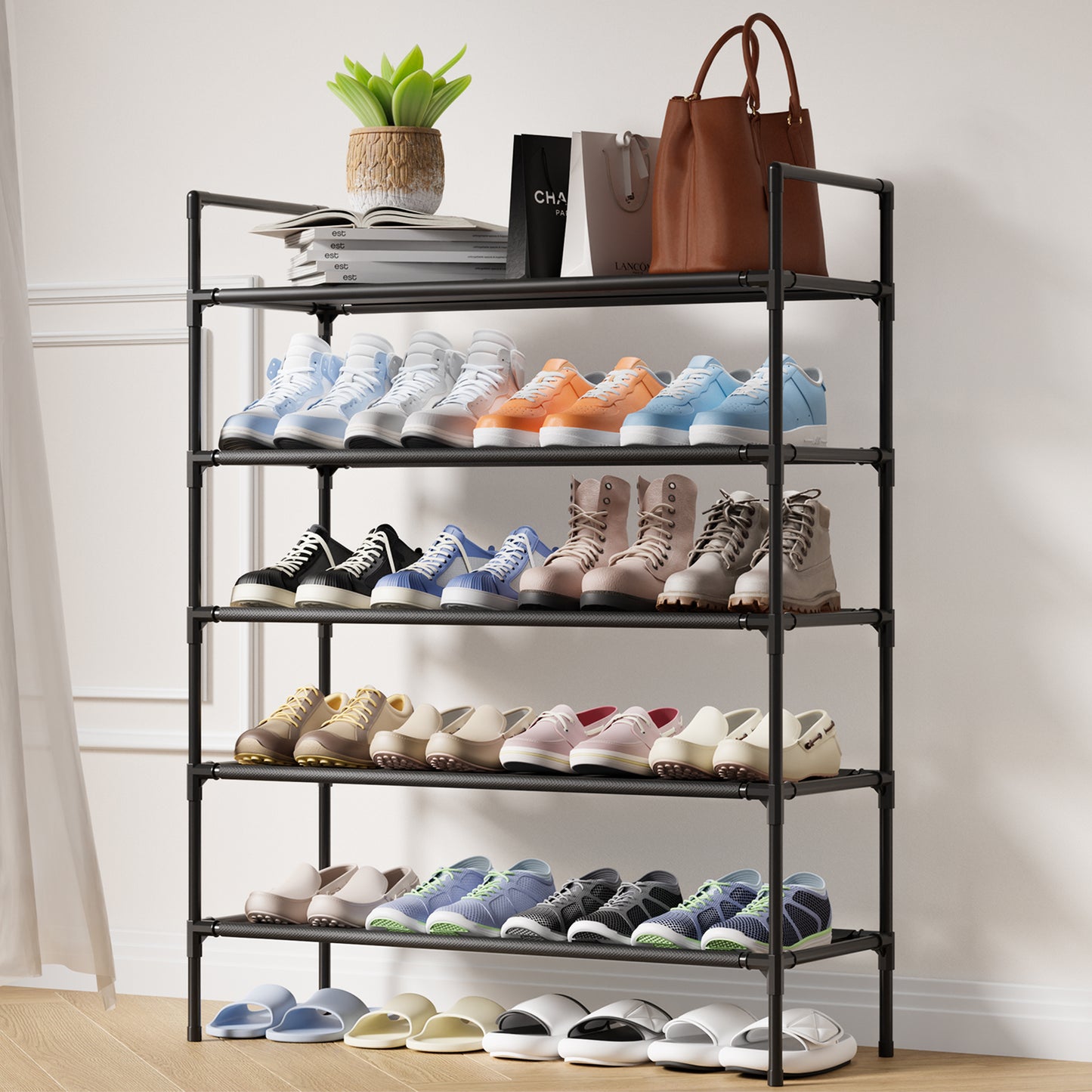 Sakugi Shoe Rack - X-Large Shoe Organizer, 3-Tier Shoe Storage Rack, Sturdy & Durable Shoe Rack for Closet, Garage & Corridor, Stackable Shoe Rack for Entryway, Up to 16 Pairs of Shoes, Black