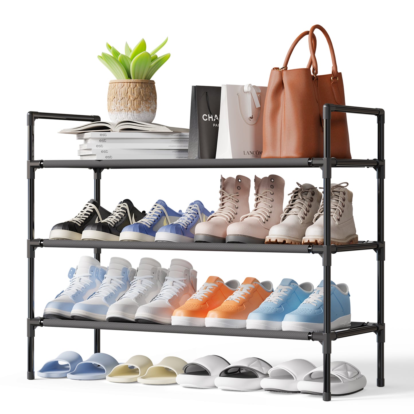 Sakugi Shoe Rack - X-Large Shoe Organizer, 3-Tier Shoe Storage Rack, Sturdy & Durable Shoe Rack for Closet, Garage & Corridor, Stackable Shoe Rack for Entryway, Up to 16 Pairs of Shoes, Black