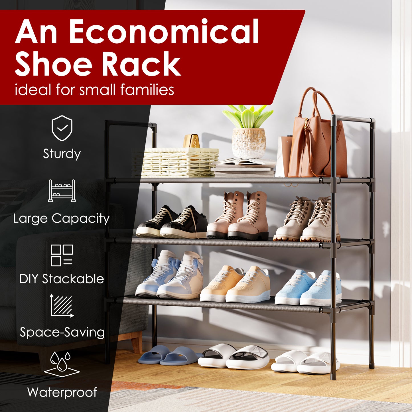 Sakugi Shoe Rack - X-Large Shoe Organizer, 3-Tier Shoe Storage Rack, Sturdy & Durable Shoe Rack for Closet, Garage & Corridor, Stackable Shoe Rack for Entryway, Up to 16 Pairs of Shoes, Black