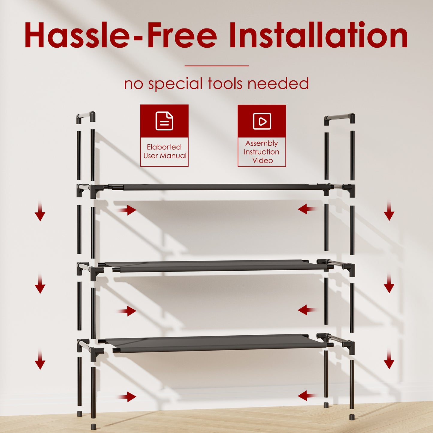 Sakugi 3-Tier Shoe Rack, Sturdy Shoe Organizer, Shoe Shelf Holds up to 16 Pairs of Shoes, Assembled Length, 28 in