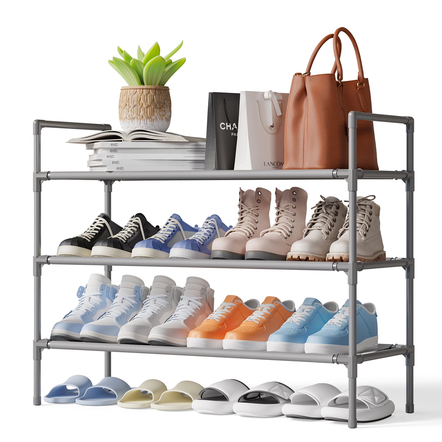 Sakugi Shoe Rack - X-Large Shoe Organizer, 3-Tier Shoe Storage Rack, Sturdy & Durable Shoe Rack for Closet, Garage & Corridor, Stackable Shoe Rack for Entryway, Up to 16 Pairs of Shoes, Black
