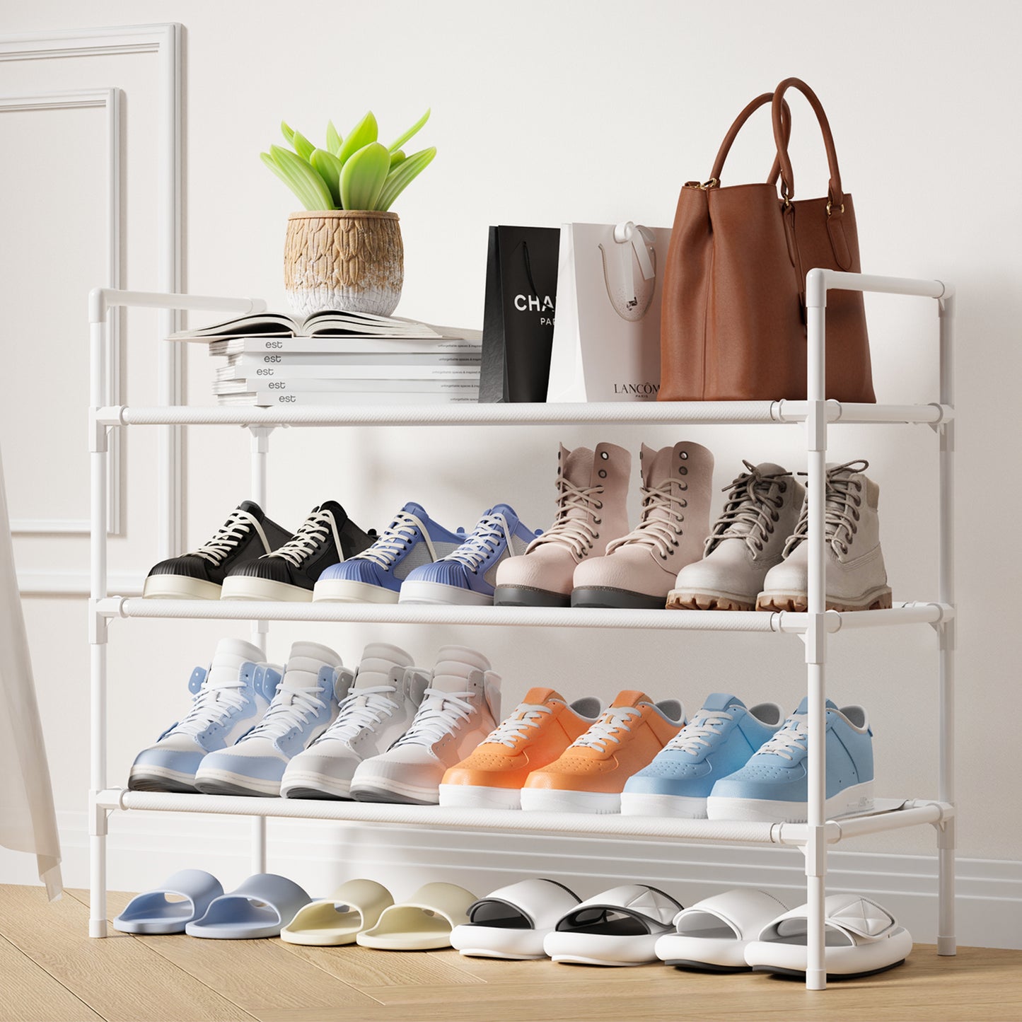 Sakugi Shoe Rack - X-Large Shoe Organizer, 3-Tier Shoe Storage Rack, Sturdy & Durable Shoe Rack for Closet, Garage & Corridor, Stackable Shoe Rack for Entryway, Up to 16 Pairs of Shoes, Black