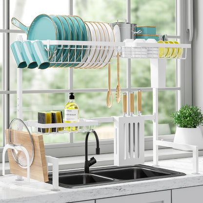 Dish Drying Rack - Large Over The Sink Dish Drainer Drying Rack (26.8" to 33.9" W), Large Capacity Stainless Steel Dish Rack, Multifunctional Kitchen Organizers and Storage Rack, Black