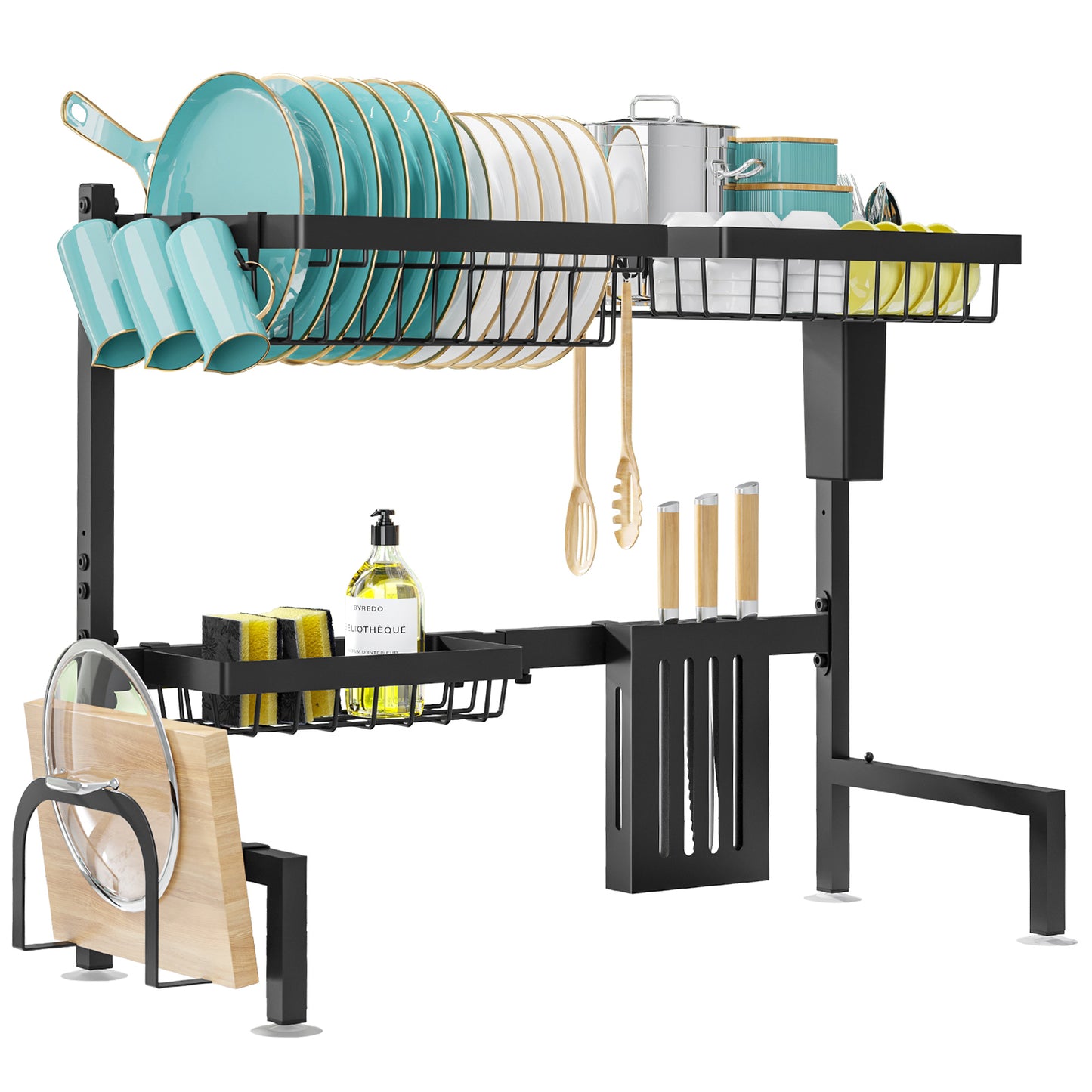Dish Drying Rack - Large Over The Sink Dish Drainer Drying Rack (26.8" to 33.9" W), Large Capacity Stainless Steel Dish Rack, Multifunctional Kitchen Organizers and Storage Rack, Black