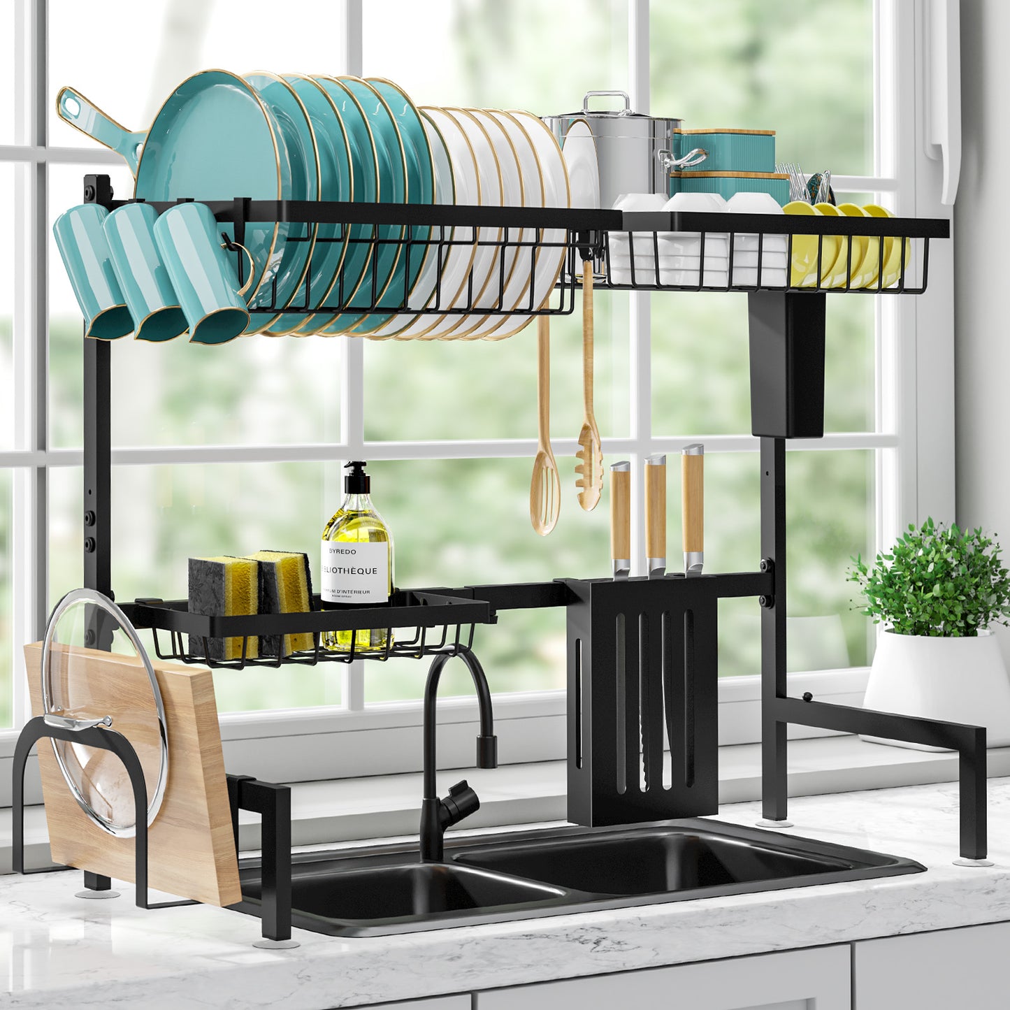 Dish Drying Rack - Large Over The Sink Dish Drainer Drying Rack (26.8" to 33.9" W), Large Capacity Stainless Steel Dish Rack, Multifunctional Kitchen Organizers and Storage Rack, Black