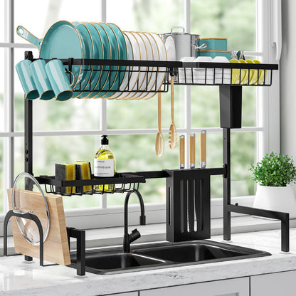 Dish Drying Rack - Large Over The Sink Dish Drainer Drying Rack (26.8" to 33.9" W), Large Capacity Stainless Steel Dish Rack, Multifunctional Kitchen Organizers and Storage Rack, Black