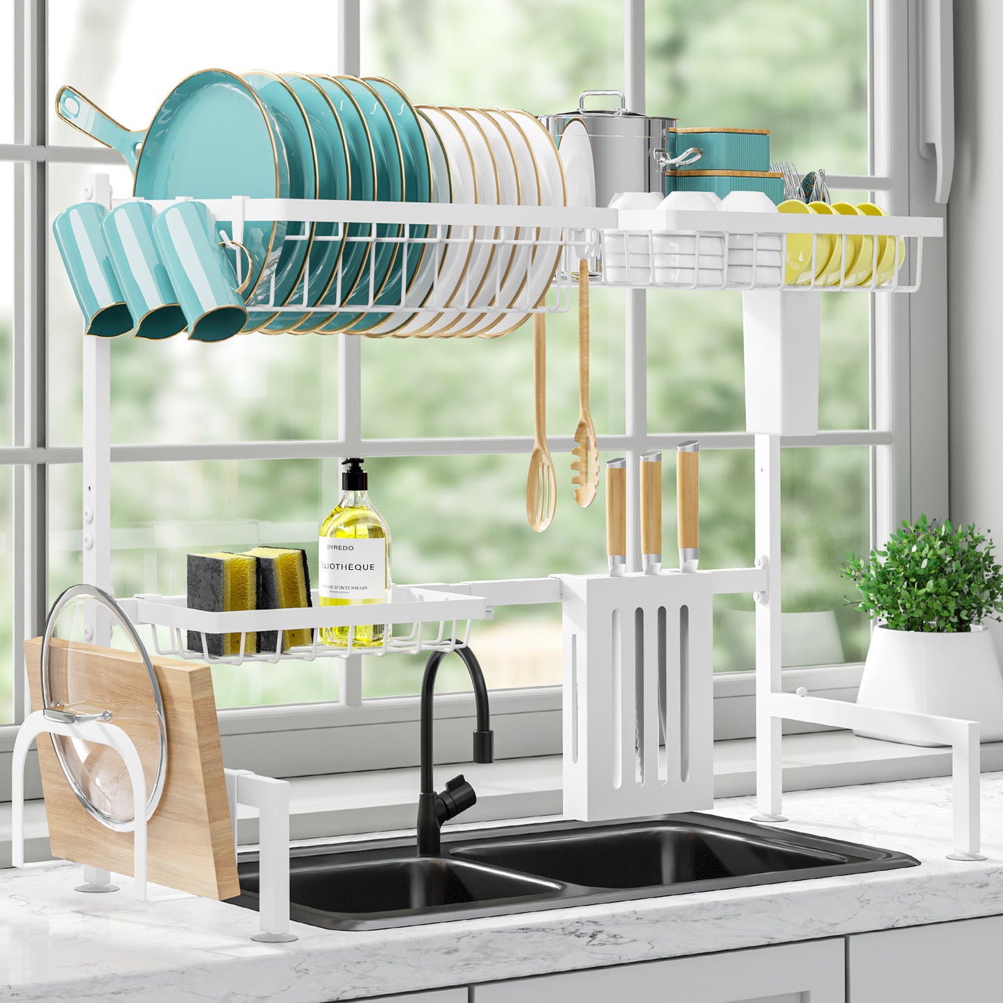 Dish Drying Rack - Large Over The Sink Dish Drainer Drying Rack (26.8" to 33.9" W), Large Capacity Stainless Steel Dish Rack, Multifunctional Kitchen Organizers and Storage Rack, Black