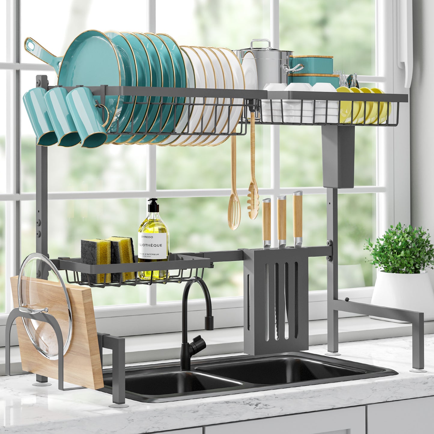 Dish Drying Rack - Large Over The Sink Dish Drainer Drying Rack (26.8" to 33.9" W), Large Capacity Stainless Steel Dish Rack, Multifunctional Kitchen Organizers and Storage Rack, Black