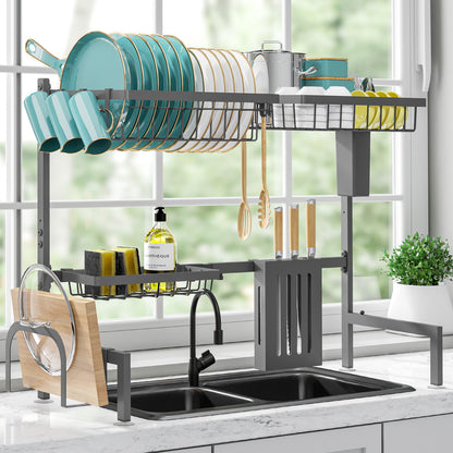 Dish Drying Rack - Large Over The Sink Dish Drainer Drying Rack (26.8" to 33.9" W), Large Capacity Stainless Steel Dish Rack, Multifunctional Kitchen Organizers and Storage Rack, Black