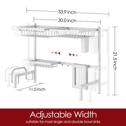 Dish Drying Rack - Large Over The Sink Dish Drainer Drying Rack (26.8" to 33.9" W), Large Capacity Stainless Steel Dish Rack, Multifunctional Kitchen Organizers and Storage Rack, Black