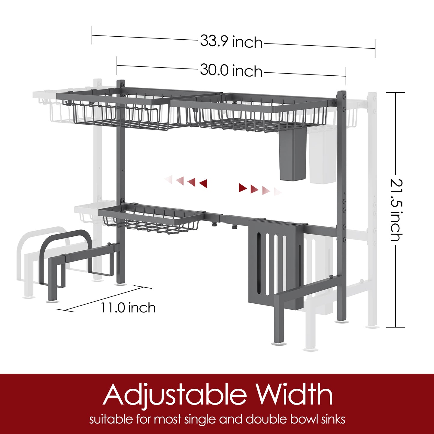 Dish Drying Rack - Large Over The Sink Dish Drainer Drying Rack (26.8" to 33.9" W), Large Capacity Stainless Steel Dish Rack, Multifunctional Kitchen Organizers and Storage Rack, Black