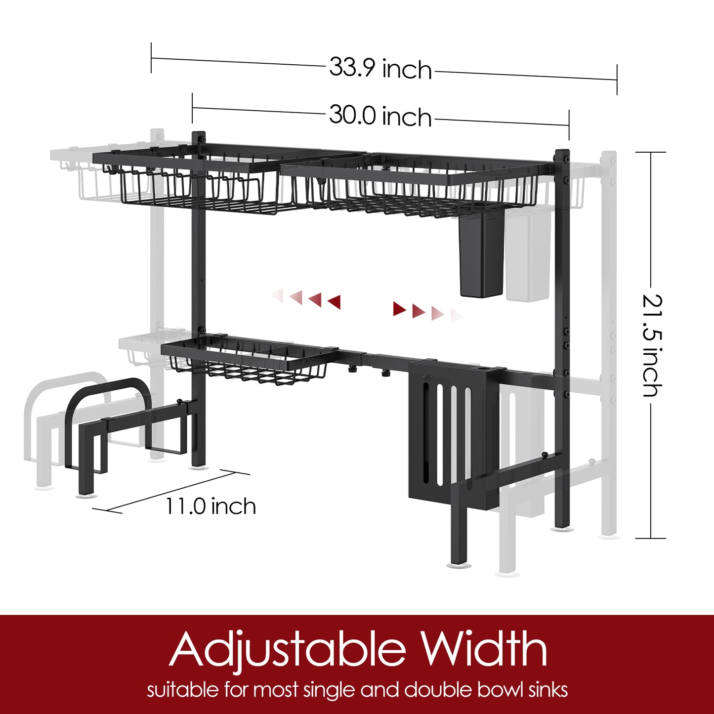 Dish Drying Rack - Large Over The Sink Dish Drainer Drying Rack (26.8" to 33.9" W), Large Capacity Stainless Steel Dish Rack, Multifunctional Kitchen Organizers and Storage Rack, Black