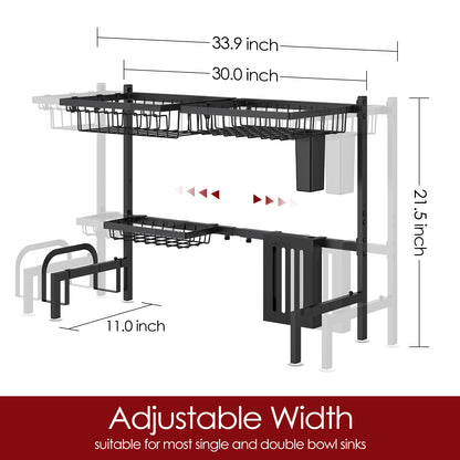 Dish Drying Rack - Large Over The Sink Dish Drainer Drying Rack (26.8" to 33.9" W), Large Capacity Stainless Steel Dish Rack, Multifunctional Kitchen Organizers and Storage Rack, Black
