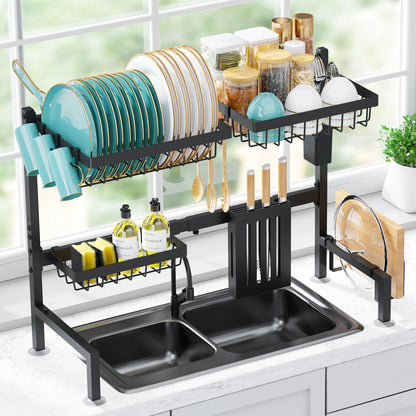 Dish Drying Rack - Large Over The Sink Dish Drainer Drying Rack (26.8" to 33.9" W), Large Capacity Stainless Steel Dish Rack, Multifunctional Kitchen Organizers and Storage Rack, Black