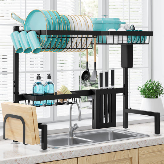 Sakugi Over The Sink Dish Drying Rack, 30" -33.9" L x 11" W x 21" H Expandable Dish Drainer, Stainless Steel Dish Rack, Black
