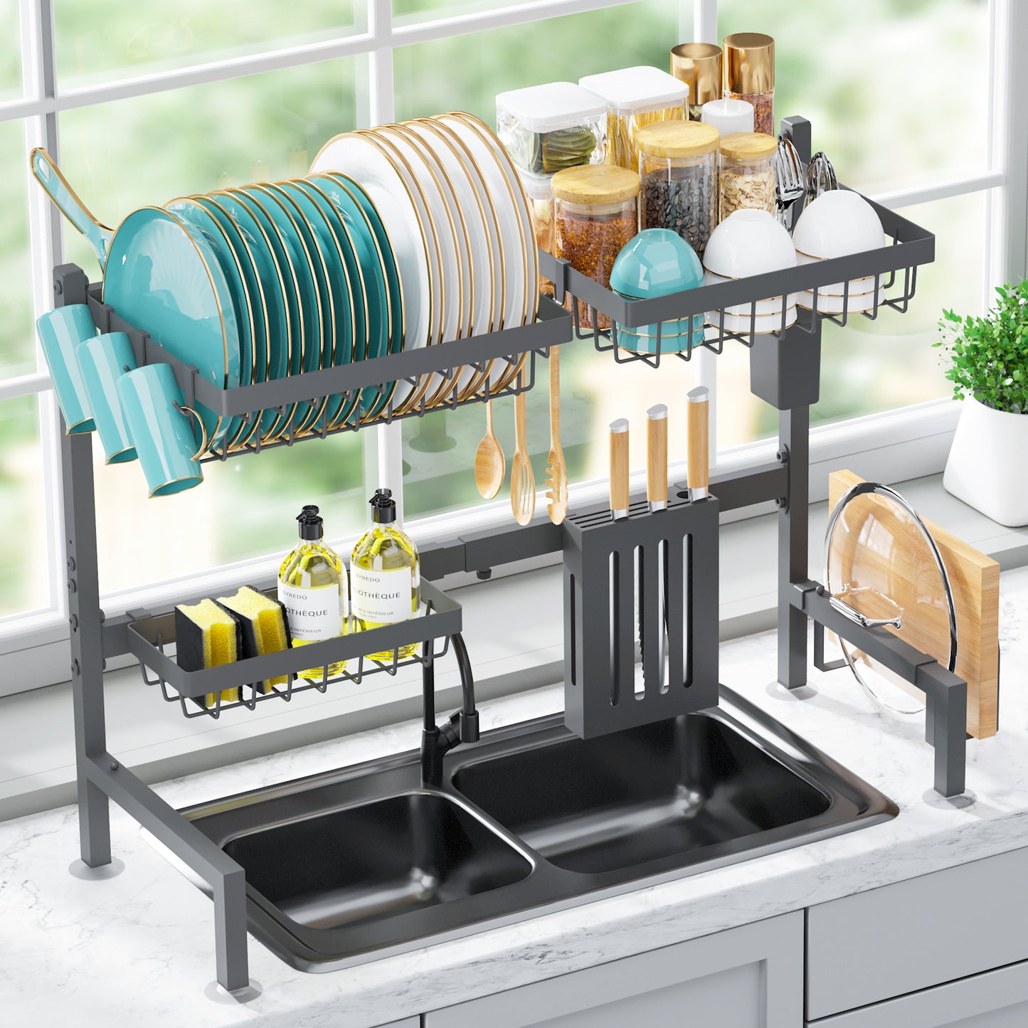 Dish Drying Rack - Large Over The Sink Dish Drainer Drying Rack (26.8" to 33.9" W), Large Capacity Stainless Steel Dish Rack, Multifunctional Kitchen Organizers and Storage Rack, Black