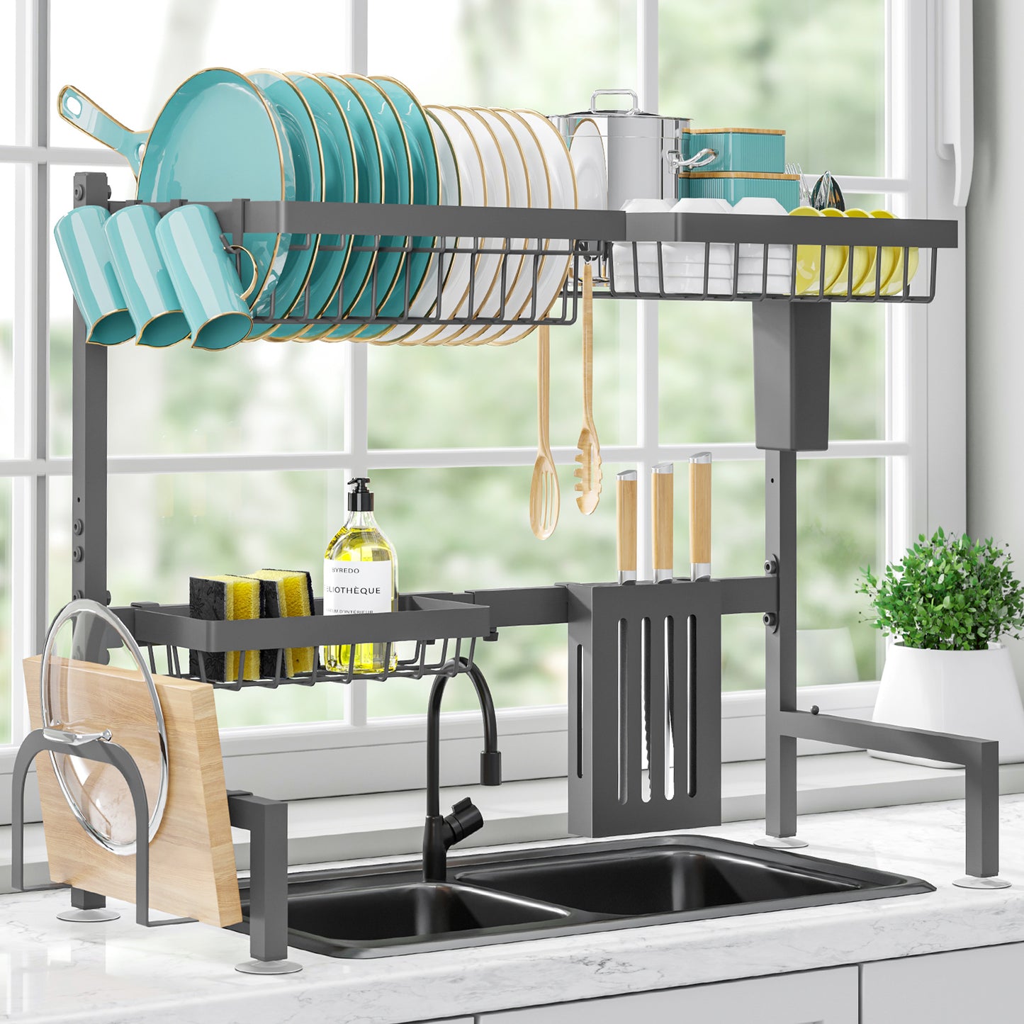 Dish Drying Rack - Large Over The Sink Dish Drainer Drying Rack (26.8" to 33.9" W), Large Capacity Stainless Steel Dish Rack, Multifunctional Kitchen Organizers and Storage Rack, Black