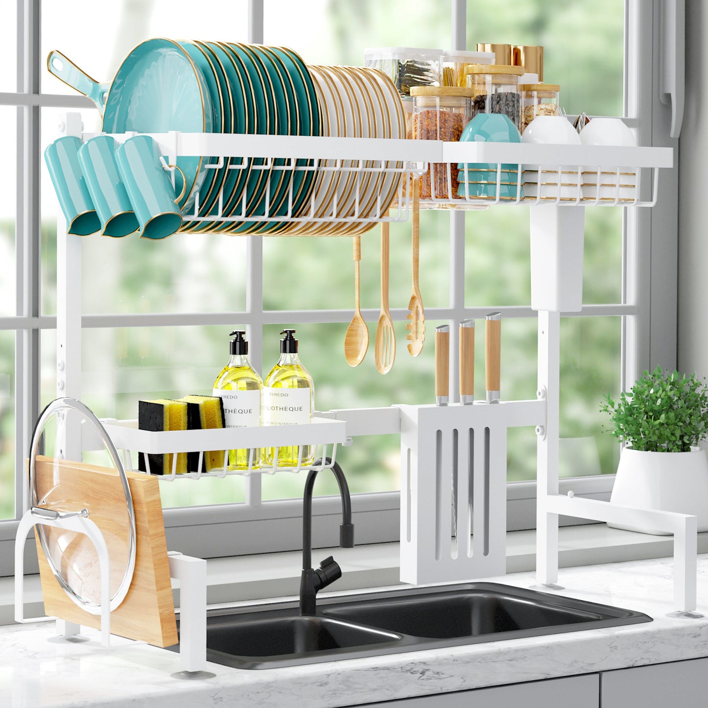 Dish Drying Rack - Large Over The Sink Dish Drainer Drying Rack (26.8" to 33.9" W), Large Capacity Stainless Steel Dish Rack, Multifunctional Kitchen Organizers and Storage Rack, Black