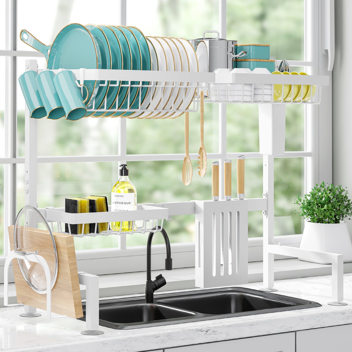 Dish Drying Rack - Large Over The Sink Dish Drainer Drying Rack (26.8" to 33.9" W), Large Capacity Stainless Steel Dish Rack, Multifunctional Kitchen Organizers and Storage Rack, Black