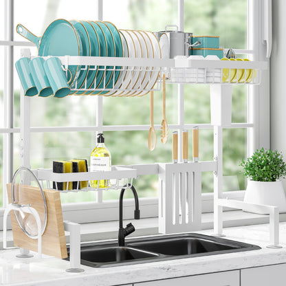 Dish Drying Rack - Large Over The Sink Dish Drainer Drying Rack (26.8" to 33.9" W), Large Capacity Stainless Steel Dish Rack, Multifunctional Kitchen Organizers and Storage Rack, Black