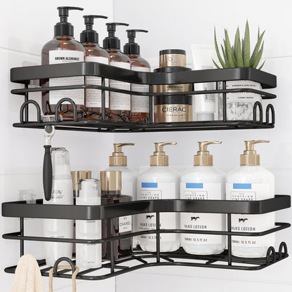 Sakugi Corner Shower Caddy - 2 Pack, Adhesive Shower Organizers, Rustproof Stainless Steel Shower Shelves with 8 Hooks, No Drilling Bathroom Organizers and Storage Racks, Space-Saving, Black
