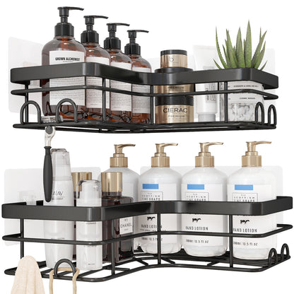 Sakugi Corner Shower Caddy - 2 Pack, Adhesive Shower Organizers, Rustproof Stainless Steel Shower Shelves with 8 Hooks, No Drilling Bathroom Organizers and Storage Racks, Space-Saving, Black