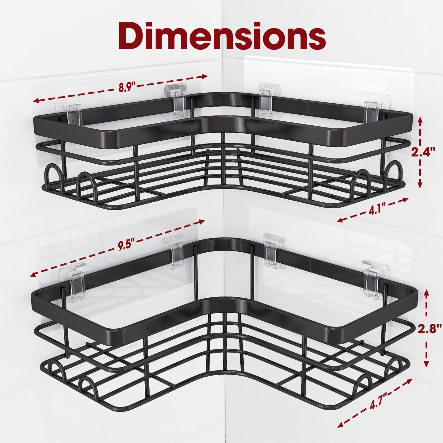 Sakugi Corner Shower Caddy - 2 Pack, Adhesive Shower Organizers, Rustproof Stainless Steel Shower Shelves with 8 Hooks, No Drilling Bathroom Organizers and Storage Racks, Space-Saving, Black