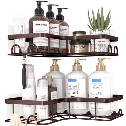 Sakugi Corner Shower Caddy - 2 Pack, Adhesive Shower Organizers, Rustproof Stainless Steel Shower Shelves with 8 Hooks, No Drilling Bathroom Organizers and Storage Racks, Space-Saving, Black