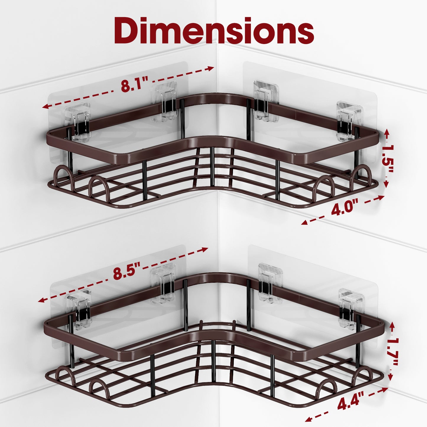 Sakugi Corner Shower Caddy - 2 Pack, Adhesive Shower Organizers, Rustproof Stainless Steel Shower Shelves with 8 Hooks, No Drilling Bathroom Organizers and Storage Racks, Space-Saving, Black