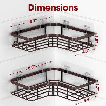 Sakugi Corner Shower Caddy - 2 Pack, Adhesive Shower Organizers, Rustproof Stainless Steel Shower Shelves with 8 Hooks, No Drilling Bathroom Organizers and Storage Racks, Space-Saving, Black
