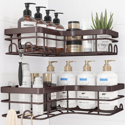 Sakugi Corner Shower Caddy - 2 Pack, Adhesive Shower Organizers, Rustproof Stainless Steel Shower Shelves with 8 Hooks, No Drilling Bathroom Organizers and Storage Racks, Space-Saving, Black