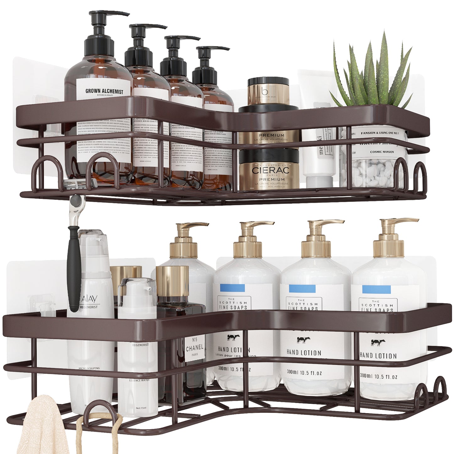Sakugi Corner Shower Caddy - 2 Pack, Adhesive Shower Organizers, Rustproof Stainless Steel Shower Shelves with 8 Hooks, No Drilling Bathroom Organizers and Storage Racks, Space-Saving, Black