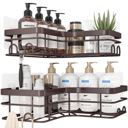 Sakugi Corner Shower Caddy - 2 Pack, Adhesive Shower Organizers, Rustproof Stainless Steel Shower Shelves with 8 Hooks, No Drilling Bathroom Organizers and Storage Racks, Space-Saving, Black